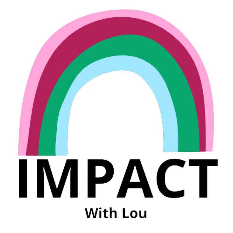 The logo for Impact with Lou, a rainbow made of blue, green, red and pink arches. The words Impact with Lou are in black below the rainbow.