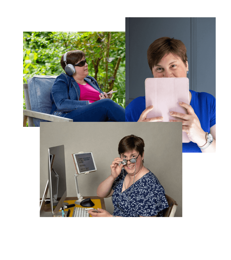 A collage of 3 photos of Lou from Impact with Lou, one sat outside, one with a tablet in front of her face and one wearing magnifying glasses sat at a desk